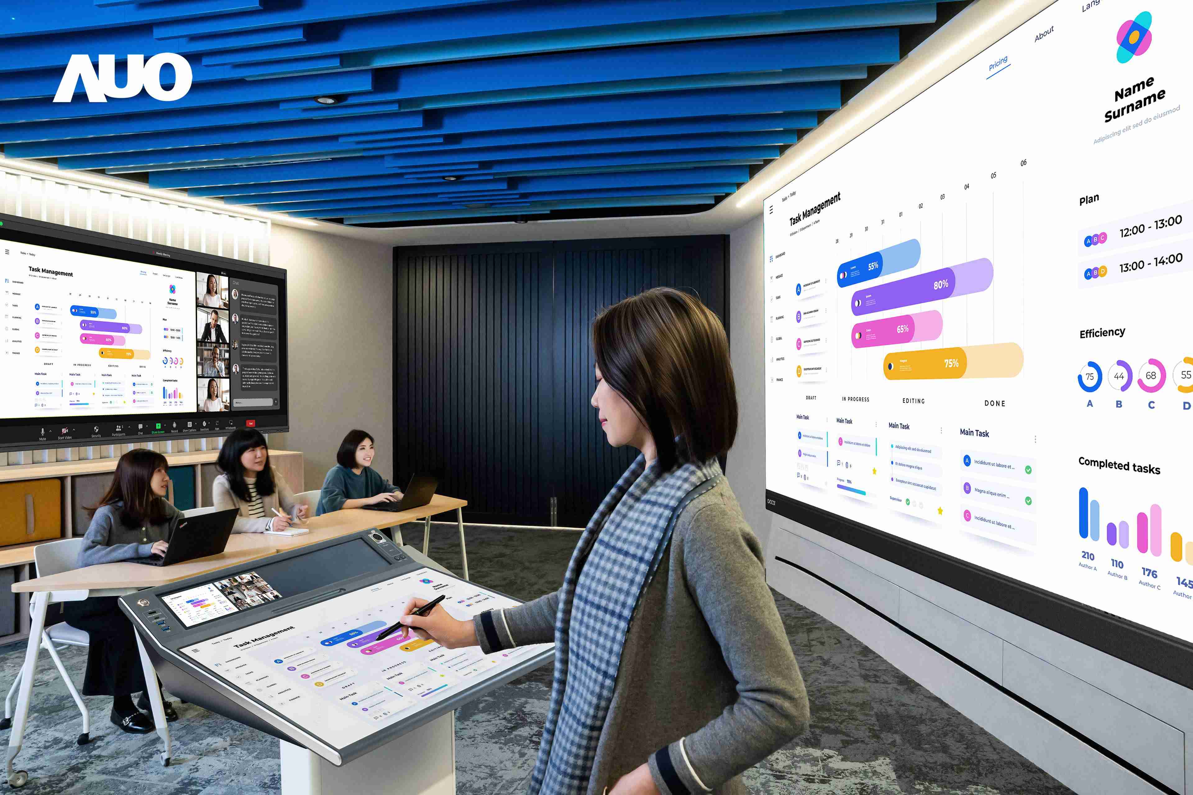 达擎携手Avocor与Rise Vision展示全方位商务领域应用，，包含采用模块化设计的138吋一体式All-in-One LED显示器及具21:9超宽比例的92吋交互式电子白板（IFPD），，，，讲者可轻松分享内容，，有效提升会议协作效率。。。